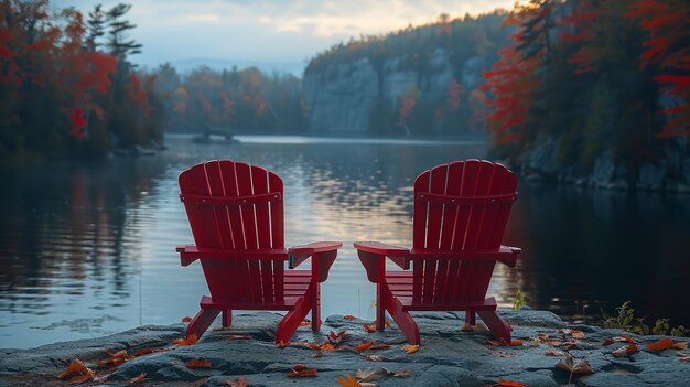 Foto dos sillas muskoka rojas en la cima de una roca generativo ai