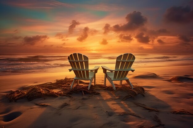 Dos sillas en una playa con un atardecer de fondo