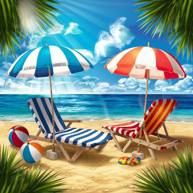 dos sillas de playa con un paraguas y una sombrilla de playa