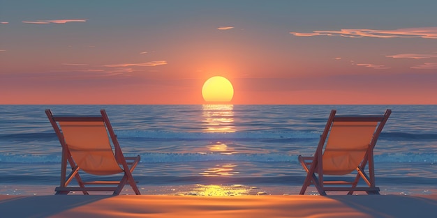 Foto dos sillas de playa en la playa con el atardecer en el fondo