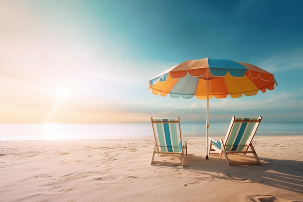 Dos sillas de playa bajo una sombrilla en un día soleado