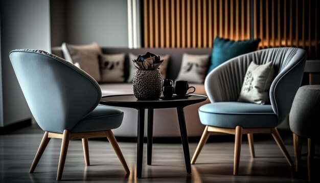 Dos sillas en una sala de estar con una mesa baja y una almohada azul sobre la mesa.