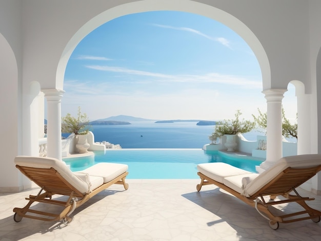 Dos sillas de sol en la terraza con piscina y impresionante vista al mar