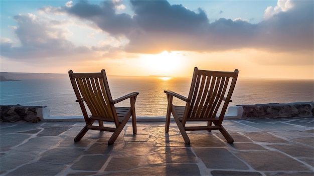 Dos sillas en la terraza con vistas al mar al atardecer Grecia