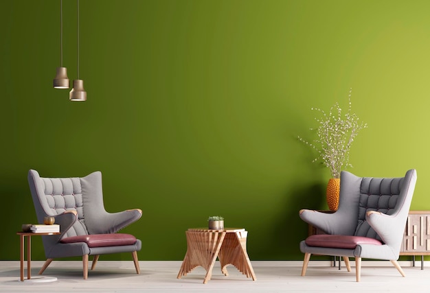 Dos sillones en una pared de fondo de color verde sala de estar de estilo moderno con mesa baja y decoración fondo verde 3d renderizado