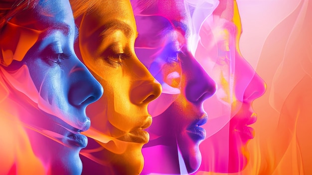 Dos siluetas de un hombre y una mujer caras superpuestas con un espectro multicolor creando un visual vibrante y artístico