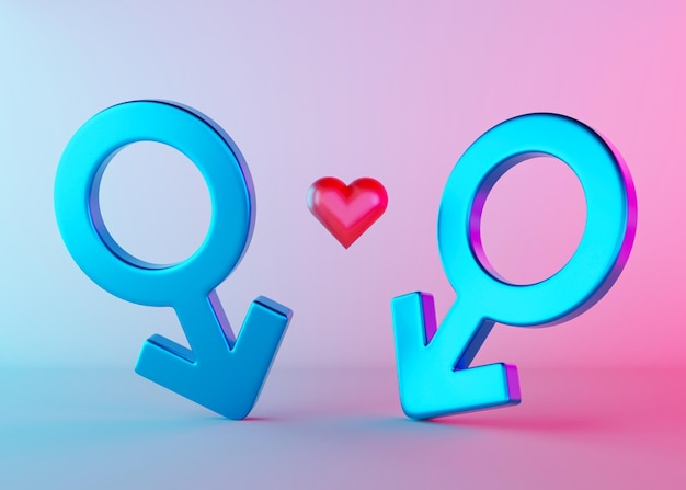 Dos símbolos sexuales masculinos con corazón y luz de neón Símbolo de Marte para hombres Signo de género Amor alternativo Comunidad LGBT Relación de pareja gay Diversidad homosexualidad matrimonio igualitario Representación 3D