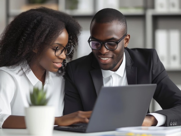 Foto dos socios de piel oscura de un hombre de negocios afroamericano en una reunión trabajan en una computadora portátil en la oficina cursos privados asequibles y aprendizaje a distancia nuevas oportunidades en línea