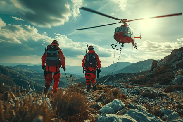 Dos socorristas equipados con arneses y equipo de escalada se apresuran a un helicóptero para una emergencia médica centrándose en temas de ayuda de salvamento y optimismo