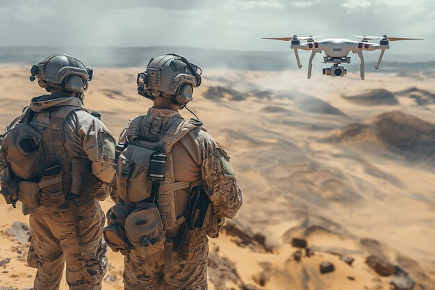 Foto dos soldados en el desierto están volando drones equipados con cámaras