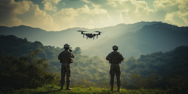 Dos soldados de espaldas a la cámara lanzan un dron de combate militar de tamaño completo para volar listo para una misión crítica IA IA generativa