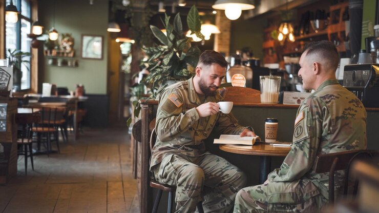 dos soldados están sentados en una mesa y bebiendo café