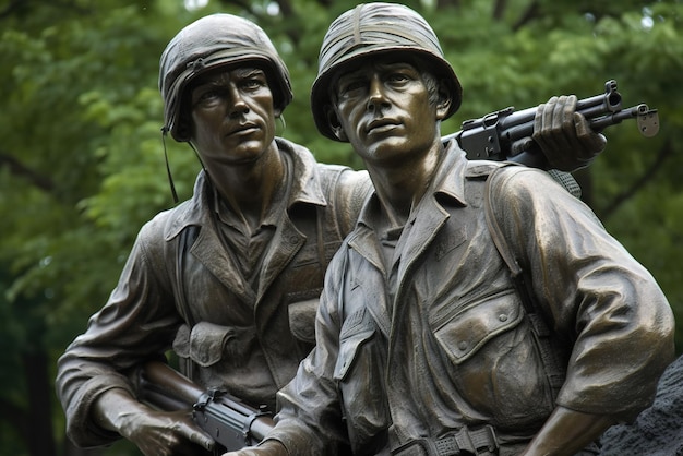 Dos soldados en una estatua de un soldado.