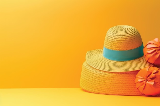 Foto dos sombreros de paja con una banda azul están sobre un fondo amarillo.