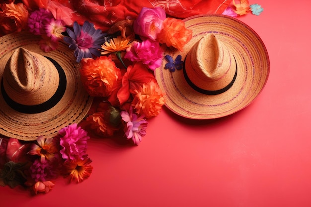 Dos sombreros de paja con flores sobre un fondo rojo.