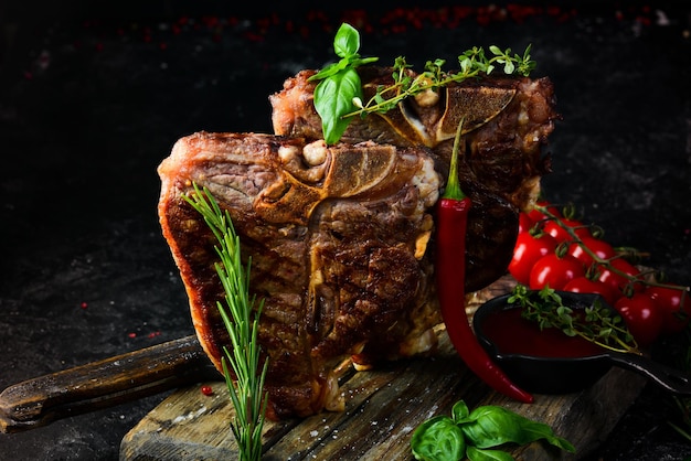 Dos sucios filetes a la parrilla con especias y hierbas sobre un fondo negro Vista superior Estilo rústico