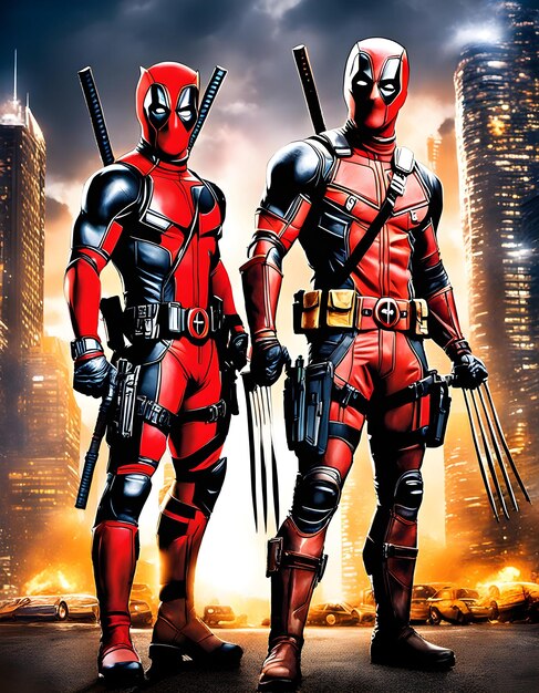 Foto dos superhéroes rojos están de pie frente a un horizonte de la ciudad