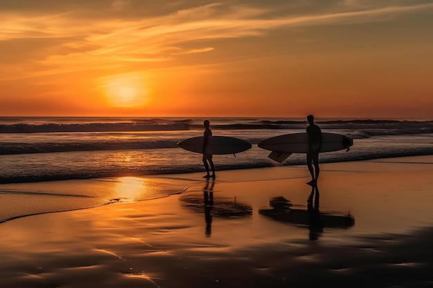 Dos surfistas en la playa al atardecer con la puesta de sol detrás de ellos.