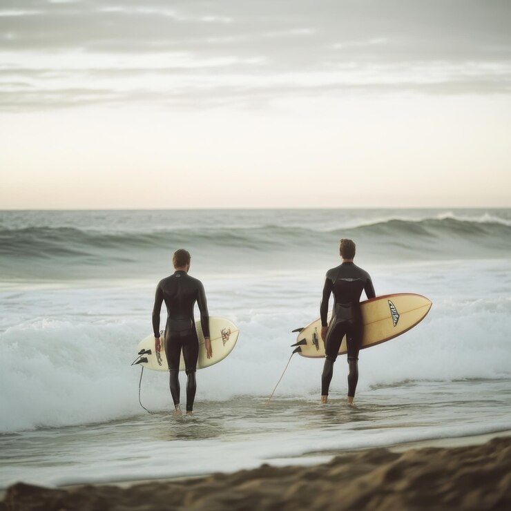 Dos surfistas con trajes de buceo con tablas de surf viendo las olas al atardecer
