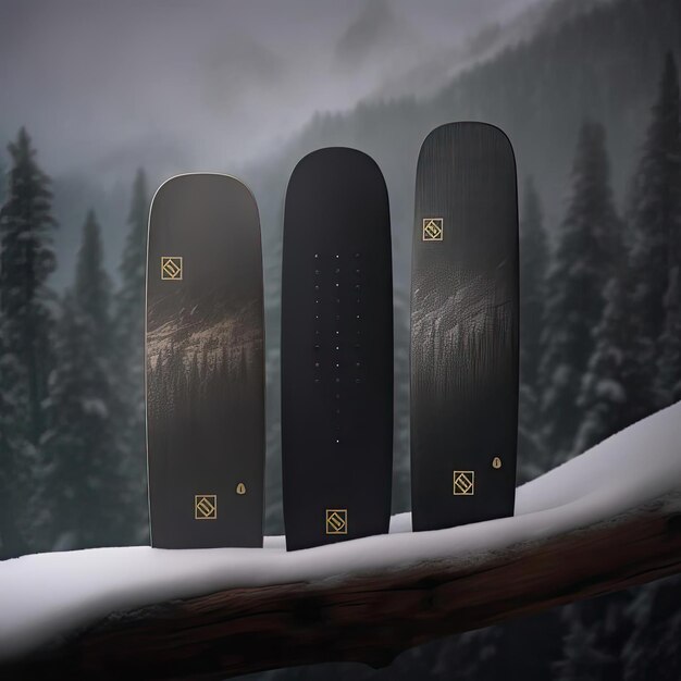 Foto dos tablas de snowboard descansando una al lado de la otra en una ladera nevada
