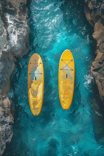 Dos tablas de surf amarillas sobre un fondo de mar azul