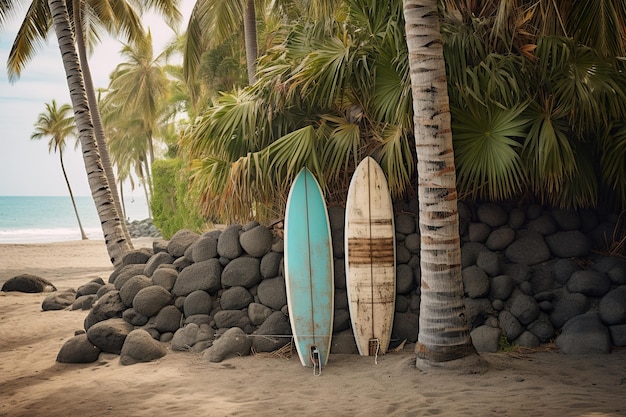 Dos tablas de surf se apoyan en una palmera en la playa.