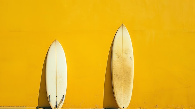 Foto dos tablas de surf están una al lado de la otra contra una pared amarilla brillante en el cálido sol las tablas de surfeo son amarillas y blancas