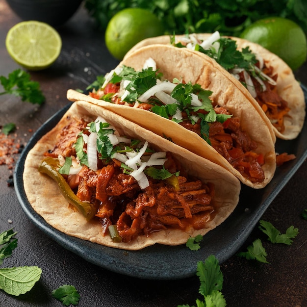dos tacos con una cuña de limón verde en un plato negro