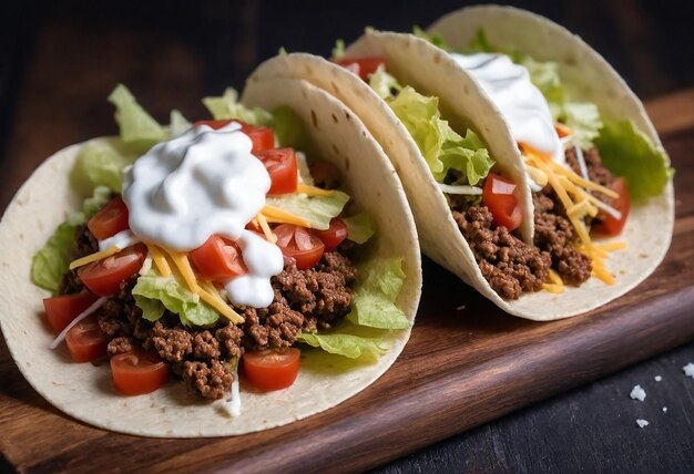 dos tacos están en una tabla de madera con lechuga y tomates