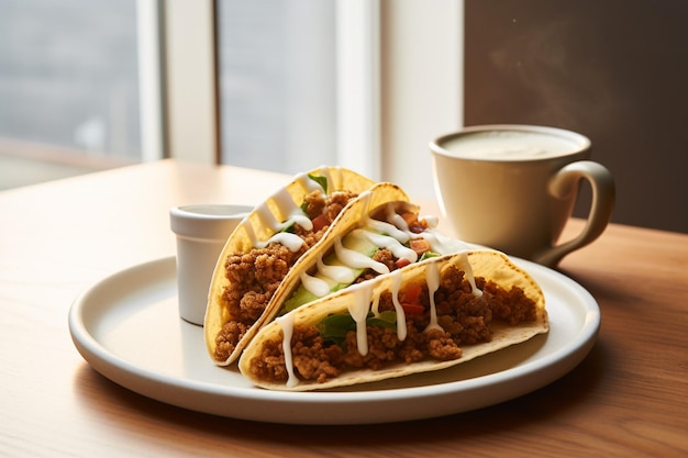 Dos tacos con salsa blanca y una taza de café blanco.