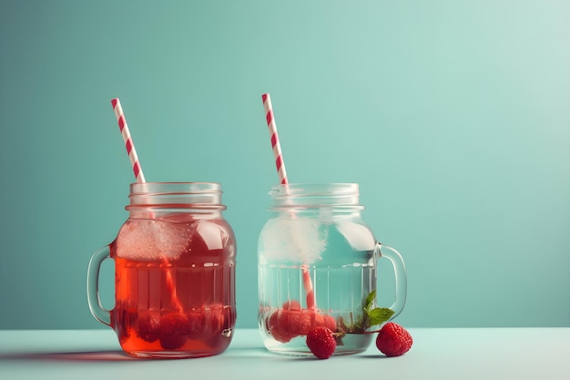 Dos tarros de albañil con pajitas y una bebida roja