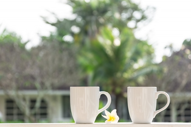 Foto dos taza de café con leche en el jardín.