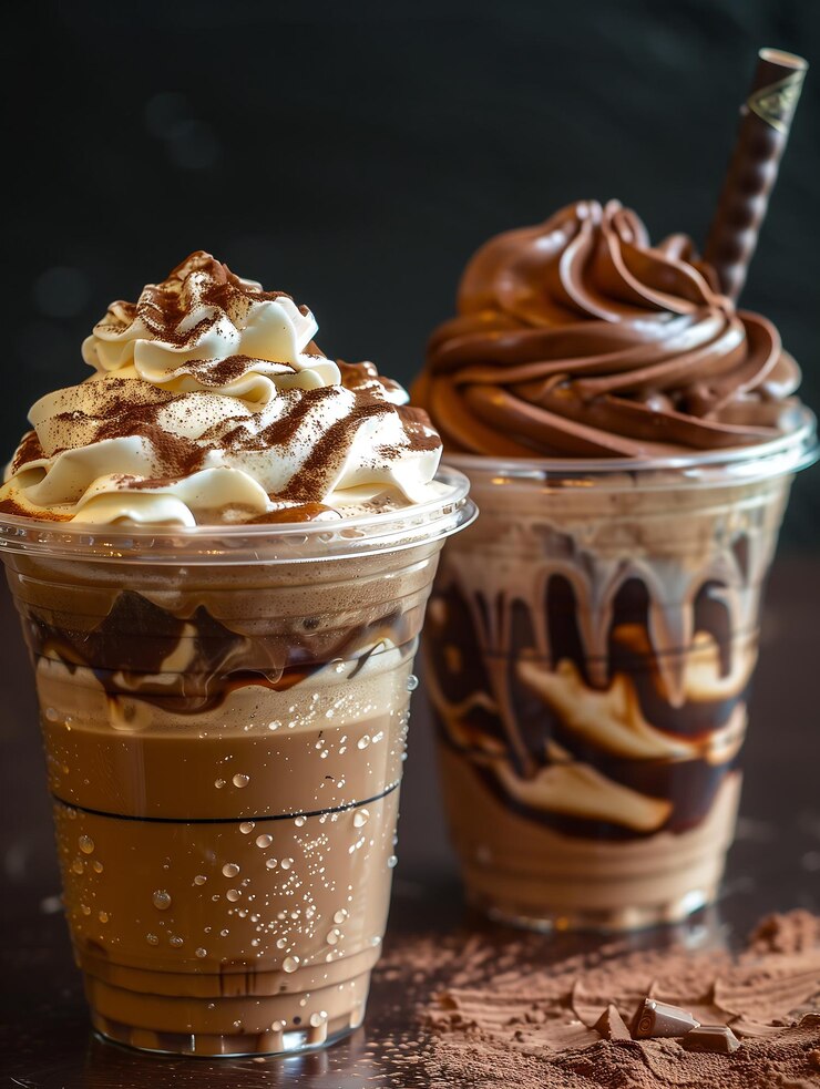 dos tazas de batido de chocolate están una al lado de la otra