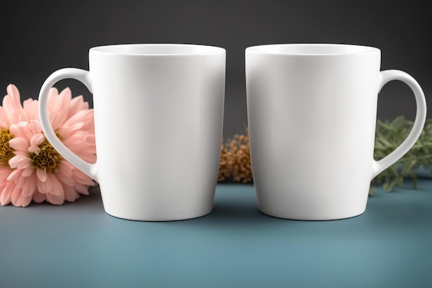 Foto dos tazas blancas con una flor rosa en el frente.