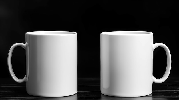 Dos tazas blancas en fondo oscuro plantilla de maqueta vista delantera