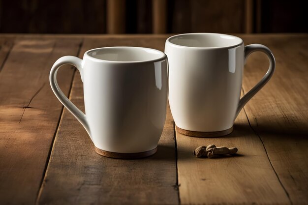 Dos tazas blancas sobre una mesa de madera con algunas nueces