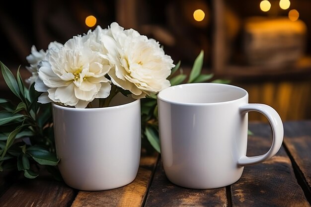 Dos tazas blancas tazas maqueta de boda Peonía hojas verdes fondo de madera Regalos de verano estilo boho