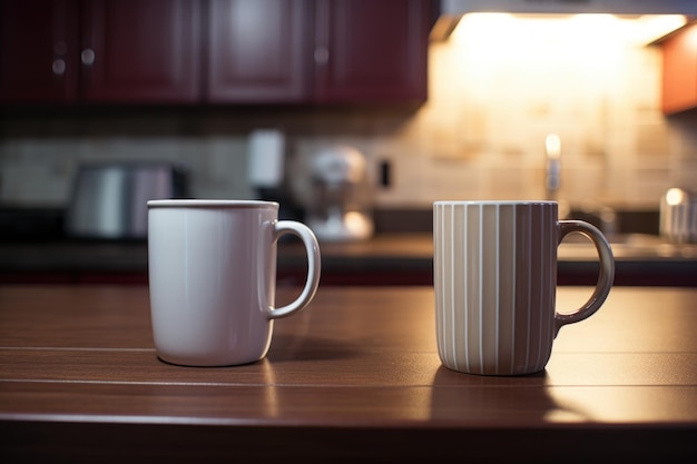 Dos tazas de café una al lado de la otra en una encimera de cocina