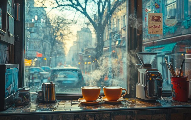 Dos tazas de café en un alféizar con una vista de una escena callejera