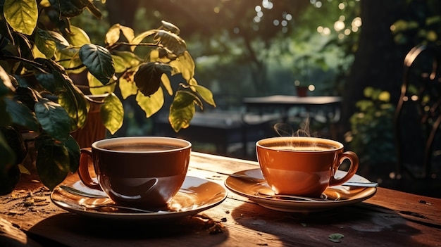 Dos tazas de café caliente con vista matutina generada por IA