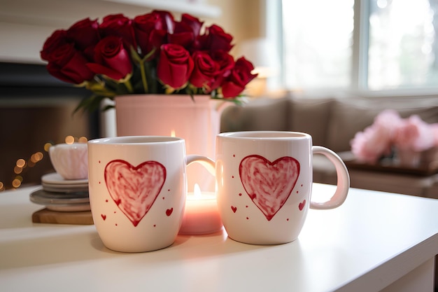 Foto dos tazas de café con corazones en ellas se sientan en una mesa con una vela y rosas en el fondo