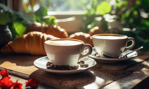 Dos tazas de café con un croissant en una mesa bañada en la cálida luz de la mañana