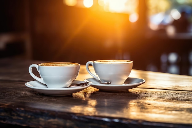 Dos tazas de café espresso por la mañana en una mesa de madera en una cafetería