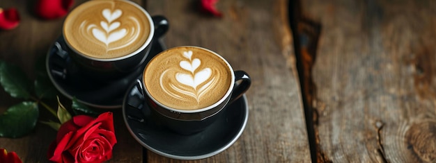 Dos tazas de café con leche caliente y rosas sobre un fondo de madera hermosa