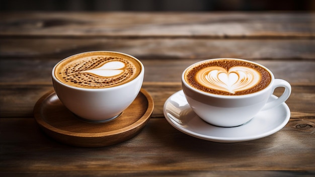 Dos tazas de café con leche y mesa de madera art cafe