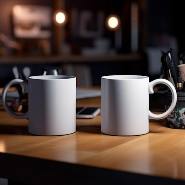 dos tazas de café con leche sentadas en una mesa de madera junto a un teléfono celular con ai generativo