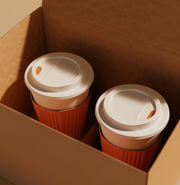 Dos tazas de café para llevar en una caja de cartón iluminadas por luz natural suave