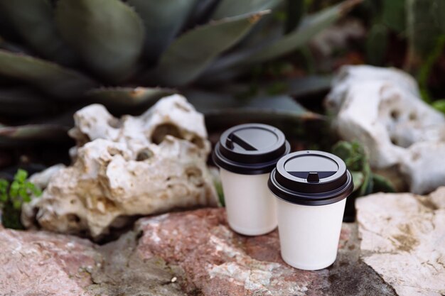 Dos tazas de café para llevar en papel blanco sobre las piedras.