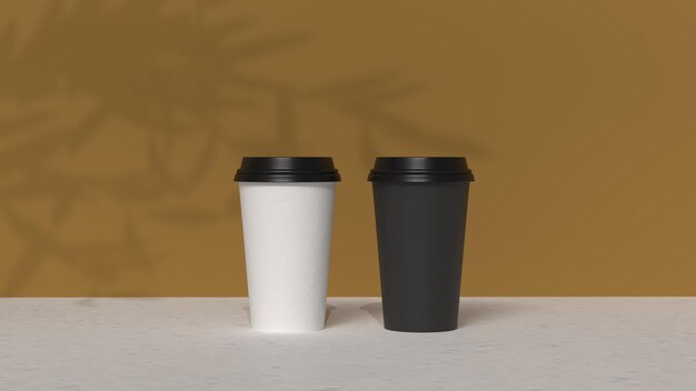 dos tazas de café en una mesa con la sombra de una planta