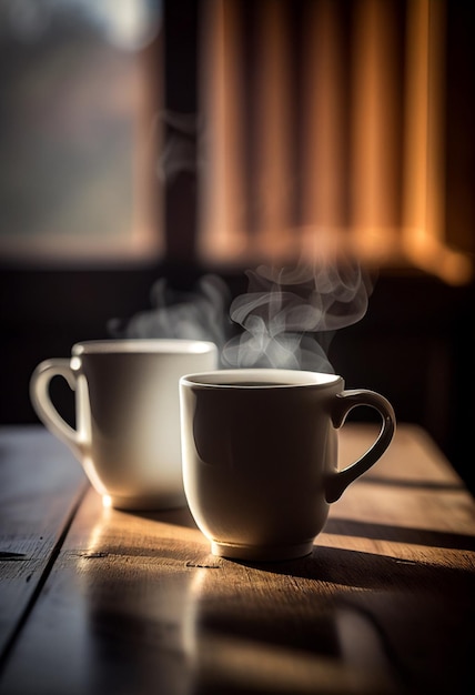 Dos tazas de café en una mesa con una ventana al fondo